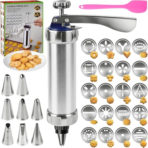 YIYICO Gebäckpresse Spritzgebäck Presse Kekspresse Edelstahl Keksmaschine | Keksmaschine Teigspritze Gebäckspritze mit 20 Schablonen 8 Spritztülle für Kuchen Dessert DIY Maker Cookie Presse