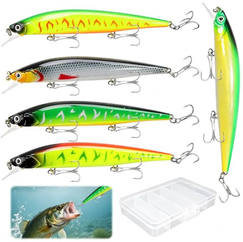 CYIOU 5 Spinnfischen Hecht Köder 14cm Drillinge Köderfische für Wolfsbarsch | Farbe Swimbait Angelköder mit 1 Kasten Drillinge Jerkbait Lieblingsköder für Zander Forellen Süß und Salzwasser Raubfisch