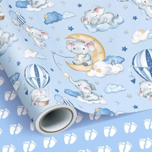 Neloheac Geburtstag Geschenkpapier, Blau Elefant Ballons und Sternen, Wendbare Fußabdrücke Geschenkpapierrolle 43 cm x 10 m für Kindergeburtstag, Baby Shower, Geburt Geschenk Dekoration, Feier