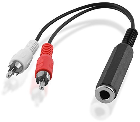 BestPlug 20cm Y Aux in Out L-R Audio Kabel Adapter Verteiler Splitter Weiche, 1 6,3mm Stereo Klinke Buchse Kupplung weiblich auf 2 Cinch Stecker männlich, Schwarz