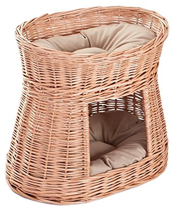 e-wicker24 Alles aus Weide Ovale Katzenhütte in Naturfarbe, Katzenkorb aus Weide, Korb für die Katze mit Zwei Etagen, Katzenlager mit Kissen, Katzenturm