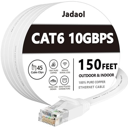 Cat 6 Ethernet Cable 150 ft Flat White, Slim Long Internet Network Lan patch cords, Solid Cat6 High Speed Computer wire with clips & Rj45 Connectors for Router, modem, faster than Cat5e/Cat5, 150 feet