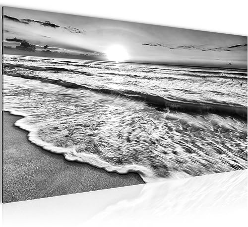 Runa Art Wandbild Sonnenuntergang Strand 1 Teilig 100 x 40 cm Modern Bild auf Vlies Leinwand Panorama Schlafzimmer Wohnzimmer Schwarz Weiss 023712c