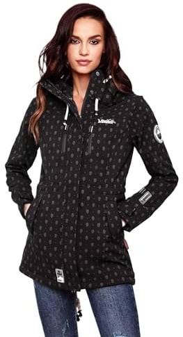 MARIKOO Damen Softshelljacke (XS-3XL) mit Kapuze - Wasserabweisend, Fleece innen, Tasche am Arm, Mantel, Warme Jacke Frauen B614 (XXL, Schwarz-Muster)