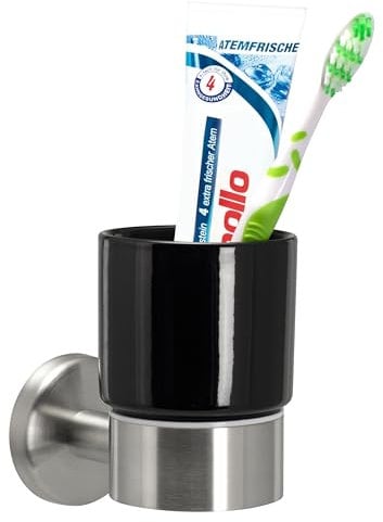 bremermann Bad-Serie Piazza - Becherhalter, Zahnputzbecherhalter inkl. Wandhalterung, Zahnbürstenhalter aus schwarzer Keramik und Edelstahl matt