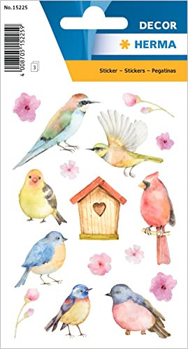 HERMA 15225 Tiere Sticker für Kinder, Singvögel (48 Aufkleber, Papier, matt) selbstklebend, permanent haftende Motiv Etiketten für Mädchen und Jungen, bunt