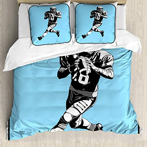 ABAKUHAUS Sport Bettbezugs Set Für Doppelbetten, American Football Retro, Milbensicher Allergiker geeignet mit Kissenbezügen, Blau Schwarz Weiß
