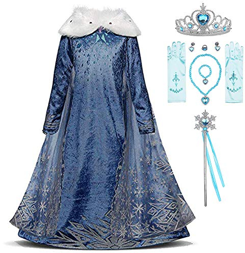 FStory&Winyee Eiskönigin ELSA Kostüm Mädchen Prinzessin Kleid mit Umhang Frozen Cosplay Party Fasching Eisprinzessin Verkleidung Set Diadem,Zauberstab,Handschuhe,Halskette,Ring,Ohrringe,Armband