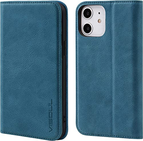 VISOUL Hülle für iPhone 12 Pro, iPhone 12 Handyhülle [100% Echtleder] [Lifetime Garantie] [RFID Schutz] [Kartenfach] [Magnet], TPU Stoßfeste Klapphülle Schutz für iPhone 12/12 Pro 5G 6,1 Blau