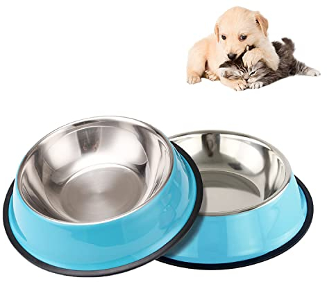 2 Stainless Steel pet Bowls, colorful cat food bowl With Non-slip Rubber Bases, Puppies and Cats Feeder Bowls And Water Bowls (blue*2)