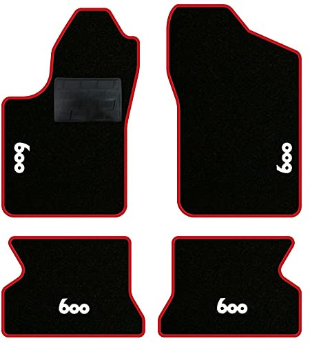 QUEMAR Kit Tappetini Auto compatibili con Fiat 600 anno 1998-2010 / Set Tappeti in Moquette e Gomma su Misura (2 Anteriori + 2 Posteriori) / Ricami e Colori Personalizzati (4 Ricami, Bordo Rosso)