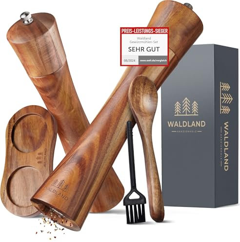 WALDLAND® Moulin à sel et à poivre en bois avec soucoupe (16,5 cm) | Moulin à épices avec broyeur en céramique haute performance | Moulin à poivre et sel