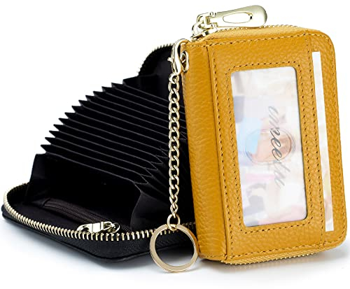 imeetu Card Holder for Women RFID Card Holder Wallet Slim Leather Cardholder Damen with 12 Card Slots, 2 Wide Cash Slots, Keyring & ID Window (Small,Gelb)