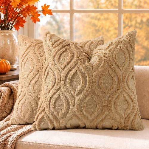 decorUhome 2er Set Kunstfell Kissenbezüge 40x40cm, Dekorativer Weicher Plüsch Flauschiger Samt Kissenbezug 16X16 Zoll, Quadratische Boho Neutral Kissenbezug für Sofa, Taupe