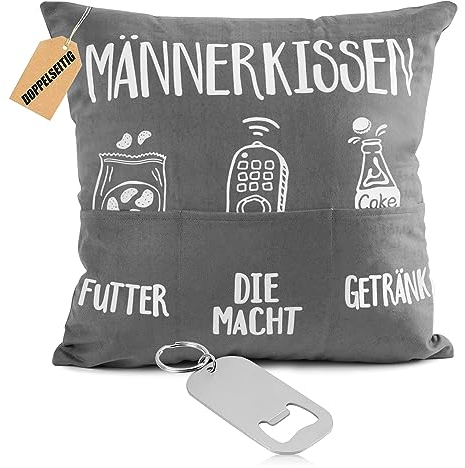 BETESSIN Männer Geschenk - Männerkissen Kissenbezug - Lustige Kissenhülle mit Taschen zum Befüllen - Originelles Geschenk für Männer zum Geburtstag, Vatertag und Weihnachten - 45x45cm