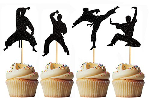 Morndew 24 PCS Black Glitter Kung Fu Cupcake Toppers with Karate Taekwondo for Martial Arts Theme Birthday Party Wedding Party Baby Shower Decorations