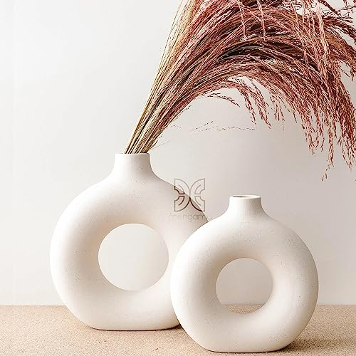 mengamu Donut Vase für Pampasgras, Blumenvase modern, Boho deko vase, Moderne Heimdekoration, dekorative Keramikvase, Tischdekoration, vase beige, Badezimmer, Wohnzimmer deko modern