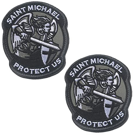 2 Pcs Heiliger Michael Beschütze Uns Patch Saint Michael Protect US Modernes Militär Moral Taktisch Flicken Bestickter Aufnäher mit Verschluss für Rucksack Jacke Weste Tasche Kappen