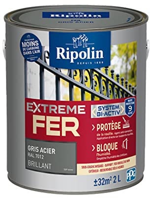 RIPOLIN - Peinture pour Fer Extérieur - Glycéro Antirouille - Sous-couche intégrée - Application directe sur Rouille - Résistante aux Intempéries, UV et Chocs - Brillant - 2L - Gris Acier RAL 7012