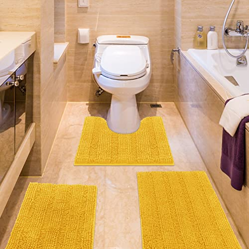 ACCUMTEK Gestreiftes gelbes Badezimmerteppich-Set, 3-teilig, ultraweich, rutschfest, Chenille, WC-Vorleger, saugfähiger Plüsch, zottelige Badematten für Badezimmer, Schlafzimmer, Küche