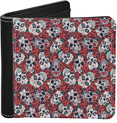 SCRAWLGOD Faltbare Geldbörsen für Herren, PU-Leder, Kartenhalter, Tasche, Geldbörse, mit Geldklammern, Totenkopf Floral, Retro