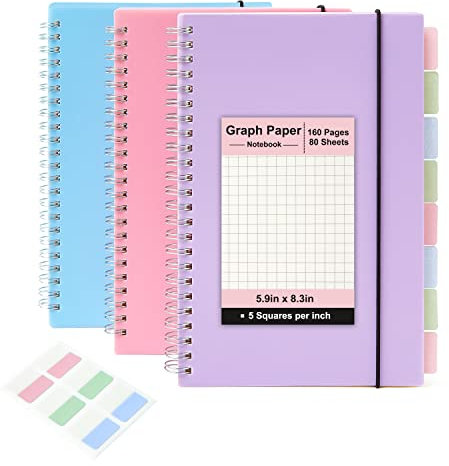 MSTONAL 3 Pack Spiralnotizbuch, A5 Quadratisches Tagebuch, Notizbuch, 14,7 x 21,1 cm, 100 g/m², 5 x 5 mm, quadratisches Papier, 80 Blatt/160 Seiten, Gitterspiral-Notizbücher zum Schreiben, Skizzenbuch