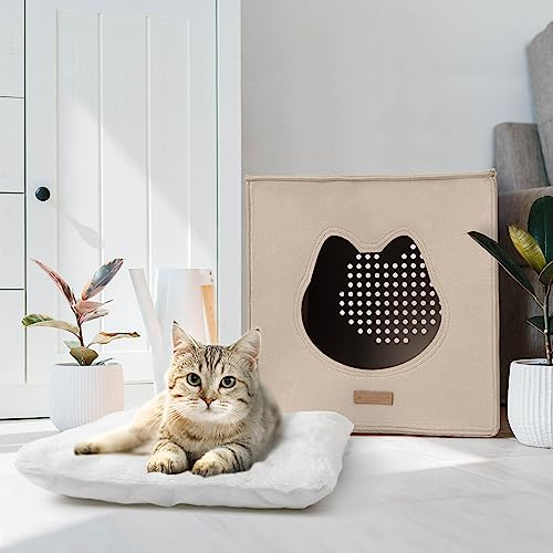 LuckySign Katzenhaus Indoor Katzenhöhle Kallax Regal Katzenkorb zum Schlafen Kallax Einsatz für Katzen mit Flauschig Katzenkissen, 33X33X37cm- Braun