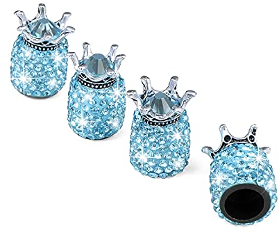 CGEAMDY 4 Stück Luftventilkappen KFZ, Crown Crystal Strass Reifenkappen, Reifenventil Staubkappen, Bling Ventilkappen Handgefertigte Universal Auto Zubehör (Seeblau)