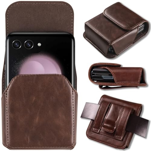 NINKI Compatible Ceinture Clip Étui pour Samsung Galaxy Z Flip 7/6/5/4/3/2/Flip,Motorola Razr 2025 60 Ultra avec Holster de Ceinture,Cuir Ceinture Housse Galaxy Z Flip 7 Series Ceinture Étui,Café