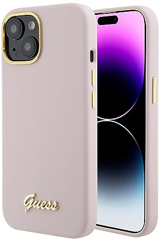 Guess GUHCP15SSMBSLP Hülle für iPhone 15 6.1 Rosa hardcase Silicone Script Metal Logo & Frame