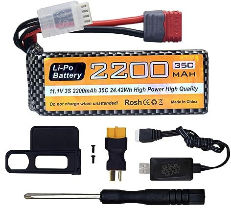 ZYGY 11.1V 2200mAh 35C 3S Lipo Battery T-Plug with USB Charging Cable for MJX H16P H16E H16GT H16BM H16PL 14301 HP161S HP163S HP141 HP141S RC Car High Speed Drift Toy Car Upgrade Battery