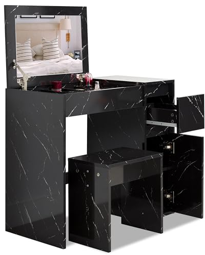 Blisswood Dressing Table with Flip-Up Mirror & Stool – Vanity Desk with Hidden Storage Drawers Beauty Makeup Organizer for Small Spaces, Bedroom Dresser or Work Table for Teen kids Women_Black Marble