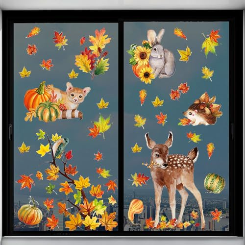 Vordpe 68 Stück Thanksgiving Fenster Aufkleber, Ahornblätter Dekorationen, Erntedankfest Fensteraufkleber, Herbst Fensterdeko für Kinderzimmer Cafe Schaufenster