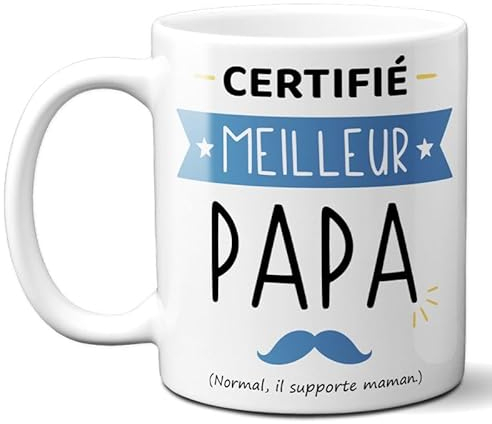 DECOHO - Mug Certifié Meilleur Papa - Mug céramique blanc - Design moustache humoristique - 33 cl, micro-ondes et lave-vaisselle - Blanc
