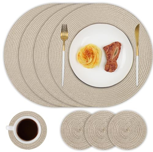 Famiaby Placemats and Coasters Set of 4 Round Woven Table Mats Washable Heat Resistant Place Mats Non Slip Dinner Mats and Coasters for Kitchen Dining Table