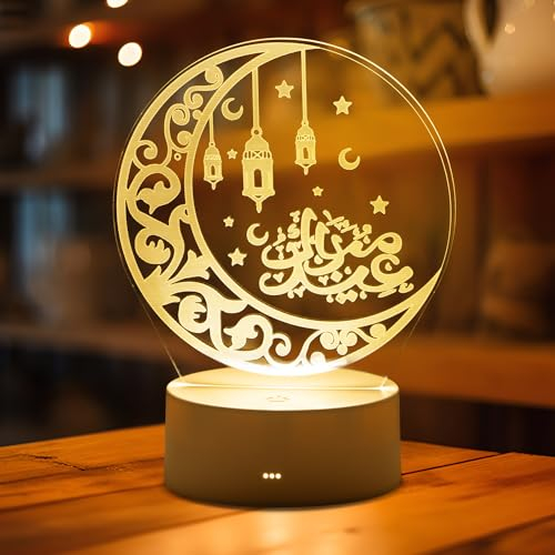 Mexllex Ramadan Dekoration 3D Mond Eid Mubarak Dekoration mit 3 Farben, Ramadan Laterne LED Ramazan Tischdeko,Muslim Ramadan Deko Für Festival Partys Zu Hause