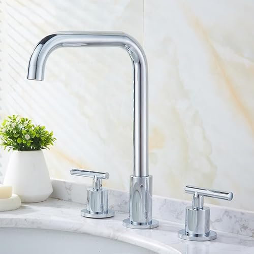 ZYCDP Robinet Lavabo 3 Trous Robinet Mitigeur de Lavabo avec Deux Poignées Mitigeur Lavabo en Laiton Robinet Salle Bain Eau Chaude et Froide, Chrome