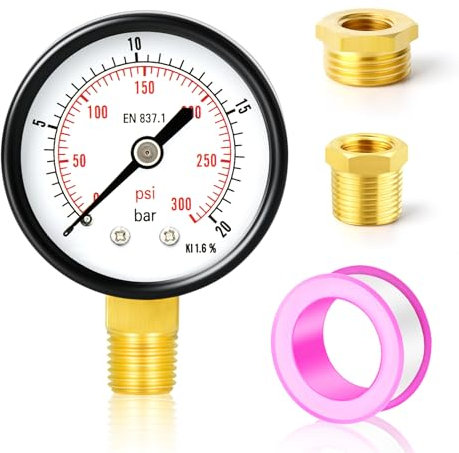 ERGAOBOY 0-20 Bar (0-300 Psi) 2 Dial Face 1/4 BSP Well Pump Pressure Gauge, with Brass Adapter, Lower Mount