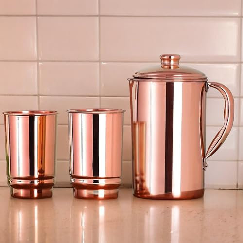 HEALTHANDWEALTH Pure Copper Water Jug with 2 Tumblers Set | 1.5 Lt (50.7 US Fluid Ounce) Capacity | Copper Jug for Improved Digestion and Immunity Boost