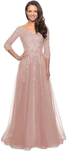 SWEMILE Robe Femme avec Poche Robe Longue Maxi Dress Plage Manches Courtes Col en V Robe en Tulle avec Appliques Dentelle Robe de Soirée Cocktail Femme Midi Dentelle Manche Longue Robe Rose Pâle 42