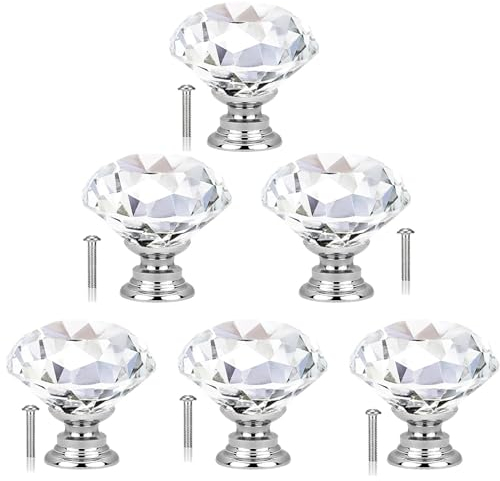 HRLORK 6 Pcs Cabinet Knobs 30mm Crystal Glass Cabinet Door Knobs with Screws Diamond Shaped Cupboard Dresser Wardrobe Drawer Pull Handles for Decorating Wardrobe Home and Office