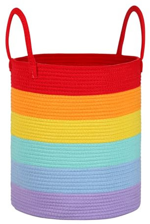 Univivi New Laundry Basket, 40L Foldable Blanket Baskets, Woven Storage Baskets with Sturdy Handle, Large Toy Storage Basket for Kids Baby, Nursery Decor Rope Basket, Rainbow (35x40cm)