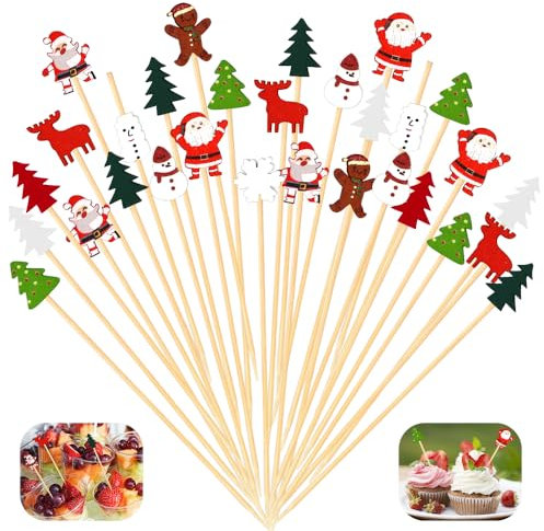 CAREDGO 200 Stück Cocktailspieße Weihnachten Cocktail Sticks Holz Cocktail Deko Spieße Cocktail Picks 12.8 cm Cocktail Zahnstocher Weihnachtliche Cocktailspießchen für Kuchen Obst Fingerfood Getränke
