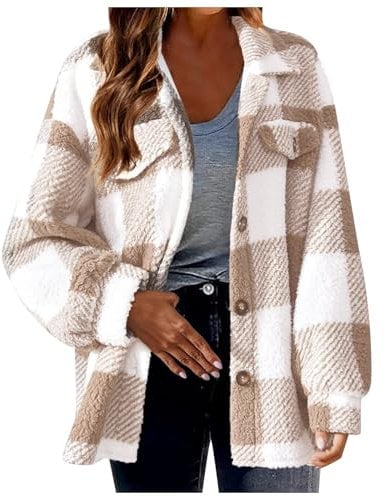 Damen Lässige Karierte Wolljacke mit Print Mantel Warme Winterjacke mit Taschen Umlegekragen Langarm Oberbekleidung Strickjacke mit Knöpfen