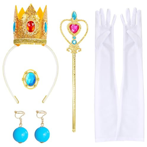 Prinzessin Kostüm Zubehör, 5 Stück Prinzessin Zubehör Set mit Prinzessinen Krone, Weiße Satin Prinzessinnenhandschuhe, Brosche, Ohrringe, Zauberstab, für Frauen Mädchen Karneval Halloween Cosplay