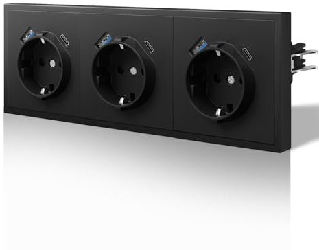 BSEED Steckdose mit USB C, Matt Wandsteckdose Unterputz mit Krallen, Schuko Steckdose mit Kindersicherung, Nur Horizontale Montage, C-Serie,3 Fach,220mm Schwarz