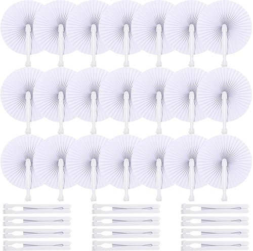 Roowest 60 Pcs Folding Hand Fans Wedding Paper Fan Bulk Decorative Handheld Fan with Handles Party Favor Guest Gift for Wedding Bridal Dancing Ceremony Reception Shower DIY Party Supplies (White)