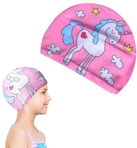 Cuffia Piscina Bambino, Cuffia Da Nuoto Per Bambini, Elastico Cuffie da Nuoto di Cartoon Ragazzi Ragazze di età compresa tra 1 e 8 Anni, Rosa