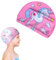 Gorros Natación Niños, Gorro Piscina Niño, Gorros de Tela de Natación de Dibujos Animados, Gorro de Baño Impermeable, Fácil de Poner Tela Elástica-Rosa