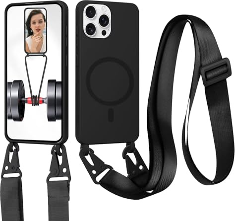 xinyunew Cordon de Coque Compatible avec iPhone 16 Pro Max(6.9) Compatible avec MagSafe Coque,Collier Étui Silicone Liquide avec Tour de Cou Lanière en Corde Souple TPU Antichoc Housse-Noir